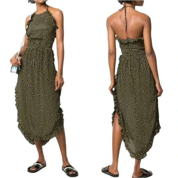 See By Chloe Dot Print Halter Ruffle Dress Black and Yellow Size 8 NWT - Picture 1 of 15